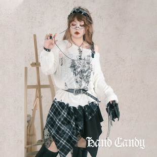 硬糖大码 限时8.8折 亚文化破洞毛衣吊带不规则格子半裙 新品