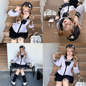 硬糖大码 原创学院风海军领衬衣胖mm收腰显瘦花边裙蛋糕裙JK套装