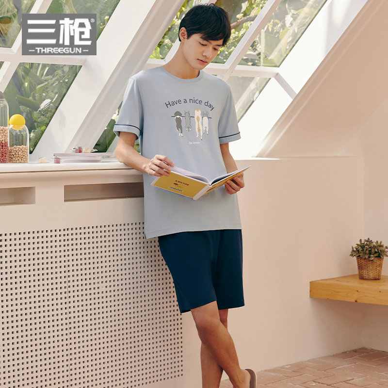 换季特惠三枪男纯棉家居服圆领短袖短裤睡衣青年学生休闲运动套装