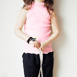 国潮好货夏款女童欧美款木耳边无袖背心女纯棉T恤棉练功服