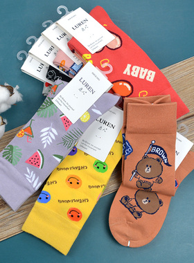 鹿人女士花版动漫甜美高腰袜子3195欧美中长筒兔子ins无骨棉潮袜