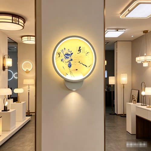 简约现代中式荷花喷画壁灯卧室床头楼梯过道背景墙玄关装饰LED灯