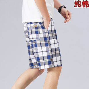 外穿宽松休闲纯棉五分裤 沙滩裤 居家格子短裤 大码 夏季 透气薄款 男士