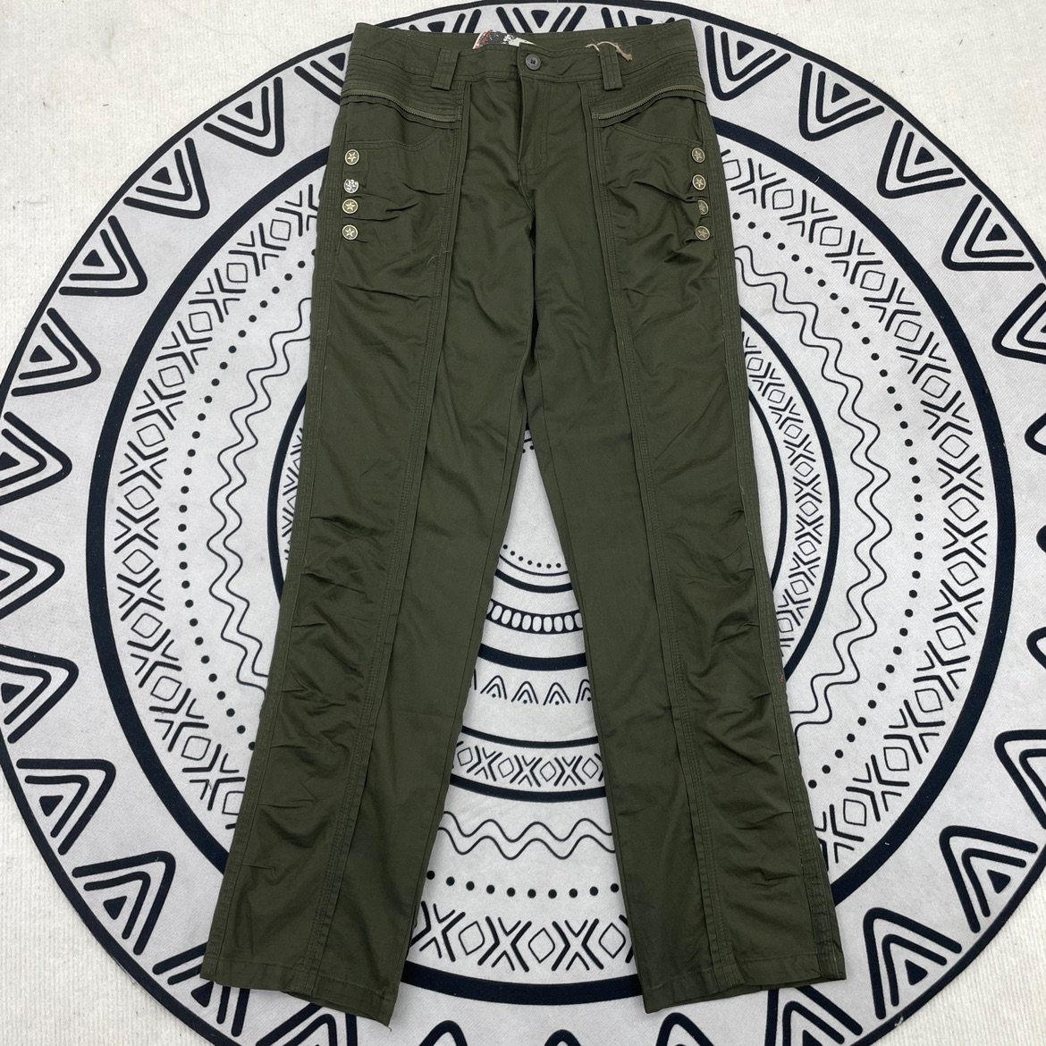 67166 美式y2k军绿色复古低腰裤子辣妹星星褶皱休闲工装长裤