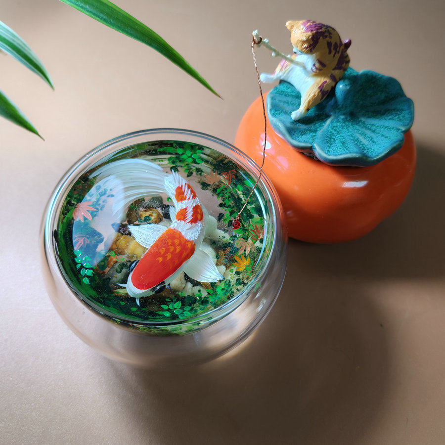 柿柿如意手绘立体鲤鱼画猫咪钓鱼招财猫桌面摆件工位治愈稳定情绪