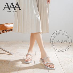 AAA女鞋合成革满水钻细带小蝴蝶装饰半透底低跟凉拖两穿凉鞋