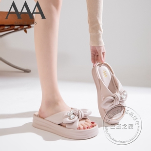 AAA女鞋 合成革皮面交叉带蝴蝶结水钻可爱小兔头厚底露趾凉拖鞋