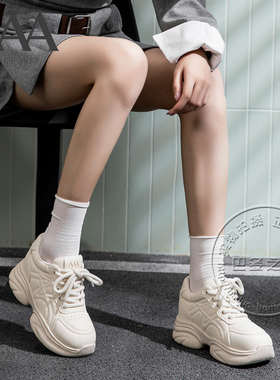 AAA女鞋合成革中跟厚底老爹鞋交叉凹陷踩线系带深口休闲皮鞋单鞋