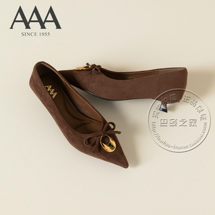 AAA女鞋织物绒面革蝴蝶结金色圆环挂饰尖头低跟猫跟气质浅口单鞋