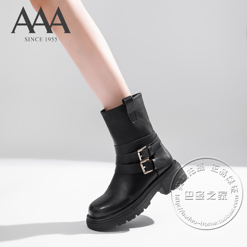 AAA女鞋合成革脚腕绕带皮带扣装饰厚底中跟套筒单里侧拉环西部靴