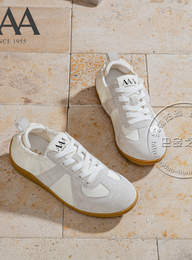 AAA女鞋猪皮绒面革拼接帆布面平底鞋松紧口后帮舌德训鞋系带板鞋