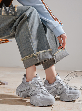 AAA女鞋牛剖皮合成革拼接网面裂纹银色金属感厚底增高系带老爹鞋