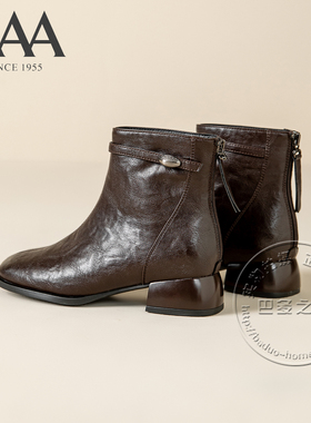 AAA女鞋合成革做旧细纹面细带腕绕带椭圆扣低跟加绒里后拉链短靴