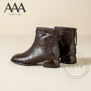 AAA女鞋合成革做旧细纹面细带腕绕带椭圆扣低跟加绒里后拉链短靴