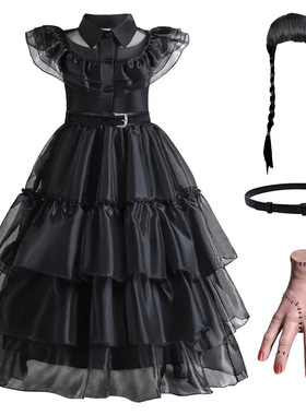 女童蛋糕长裙cosplay美剧亚当斯一家舞会礼服黑色星期三同款裙子
