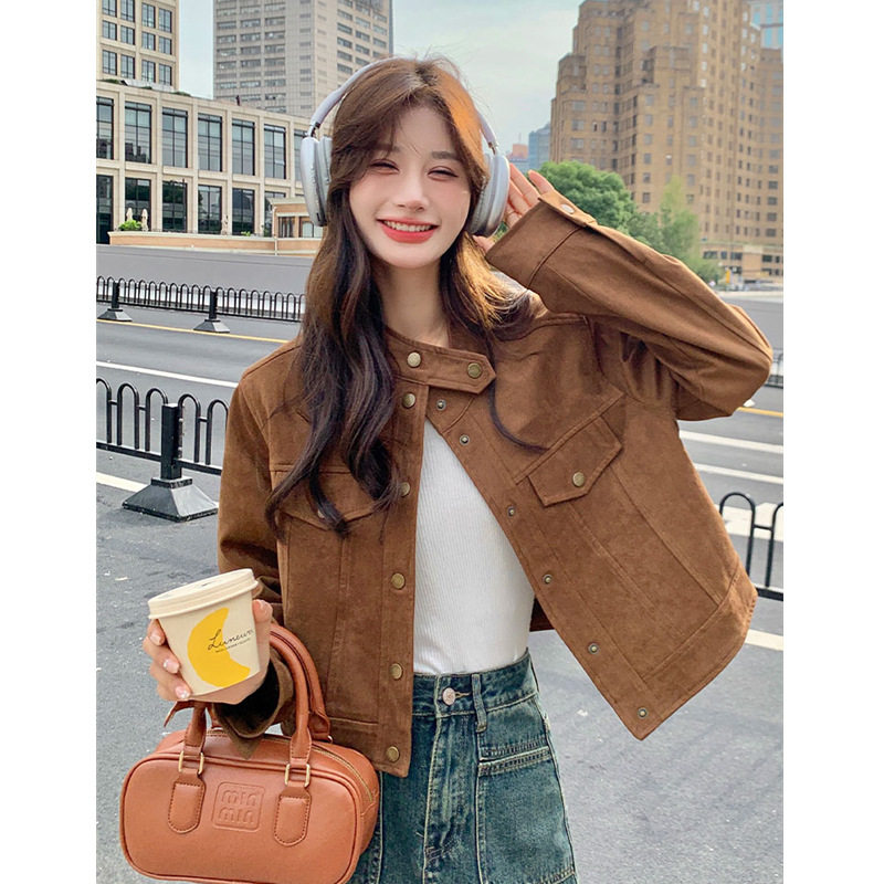 美拉德外套女春秋2025新款显瘦短款设计感麂皮绒工装夹克休闲上衣