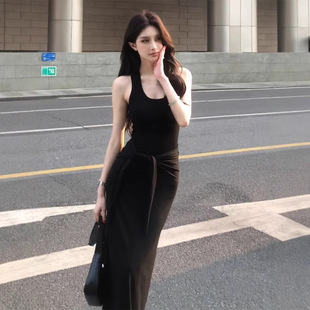 綁帶純欲黑色背心連衣裙女裝 修身 顯瘦氣質長裙子無袖 收腰 夏季