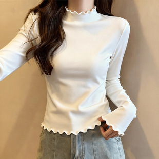 保暖内搭打底衫 跨境批发秋冬260克莫代尔磨毛半高领长袖 t恤女修身