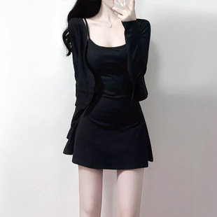 小个子御姐两件套裙装 黑色吊带连衣裙开衫 早秋搭配一整套2024新款