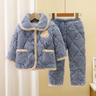 男童冬季三层夹棉加绒加厚套装可外穿家居服儿童珊瑚绒秋冬季睡衣