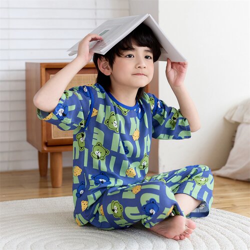 夏季男童棉绸睡衣中袖长裤家居服