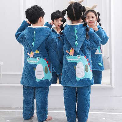 冬季男童法兰绒睡衣女童加绒保暖家居服儿童三层加厚夹棉恐龙套装