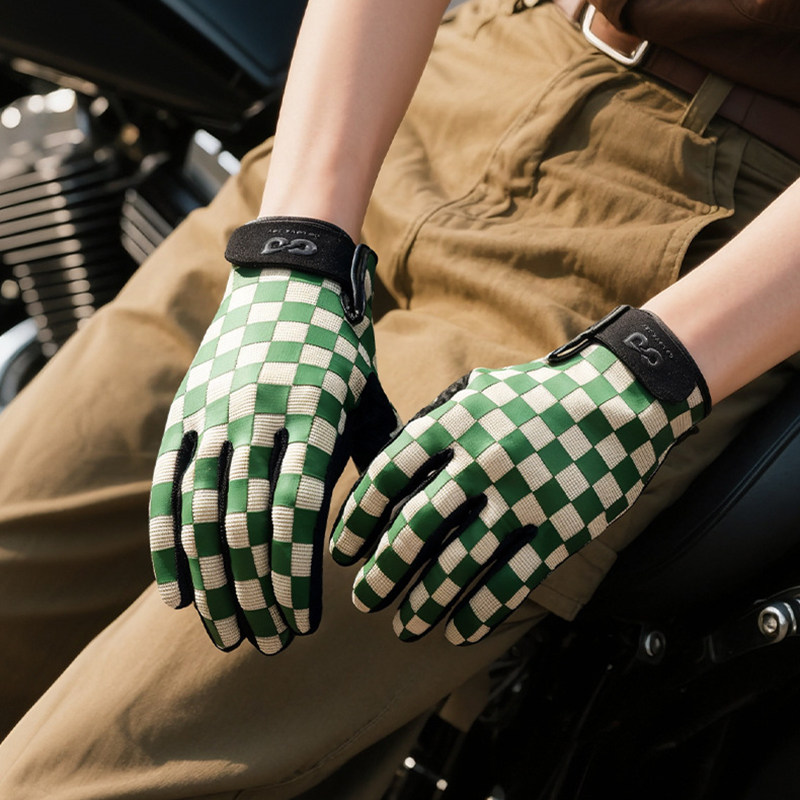复古棋盘格摩托车骑士手套