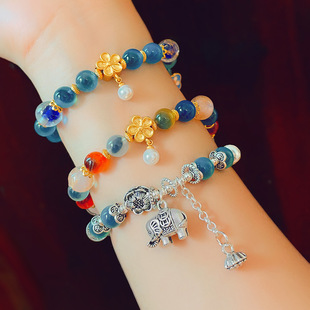 新中式中国风手链藏银平安喜乐蓝糖心玛瑙手串轻奢小众招财猫手饰