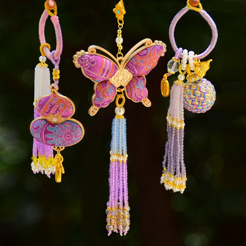 国风宋锦手工新中式吊坠压襟旗袍汉服蝴蝶串珠流苏包包钥匙扣挂件