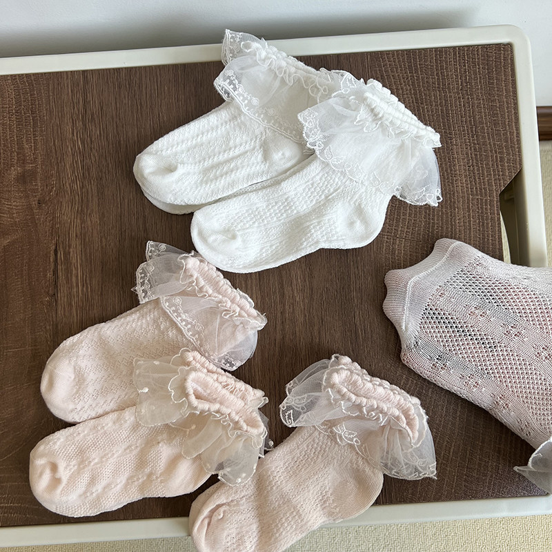 女童白色花边袜子洋气镂空网眼袜女宝宝韩版蕾丝花边白薄款短袜夏