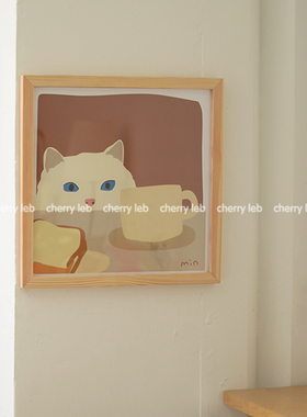 cat偷喝牛奶的猫咪卡通可爱海报装饰画装饰板正方形原木相框挂画