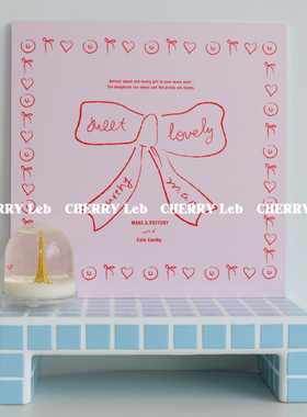 韩国ins法式复古家居墙面装饰桌面摆件粉色蓝色蝴蝶结无框装饰板