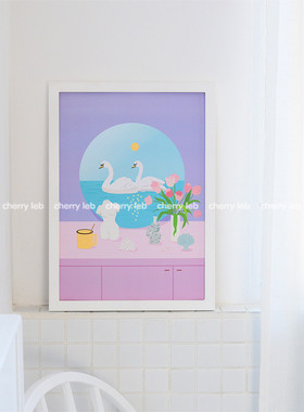 CHERRY Leb|韩国ins可爱粉紫色天鹅动物卡通海报家居房间装饰画框