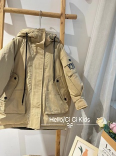 熙熙布衣男童冬季卡其色工装款防风连帽羽绒服90白鸭绒加厚休闲潮