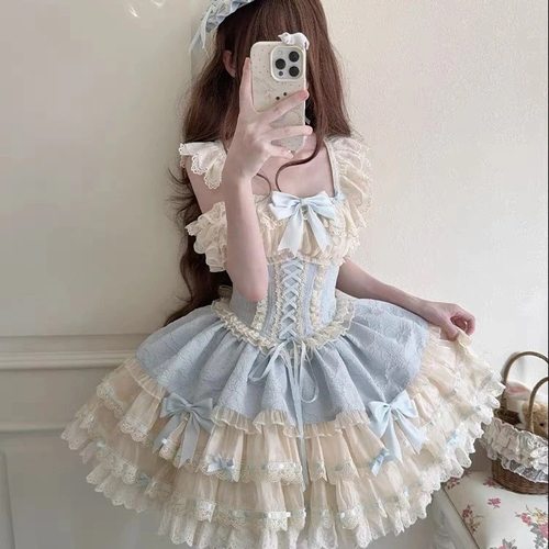 小芙蝶蓝绿紫粉洛丽塔法式可爱优雅芭蕾风蛋糕裙狗短连衣裙Lolita