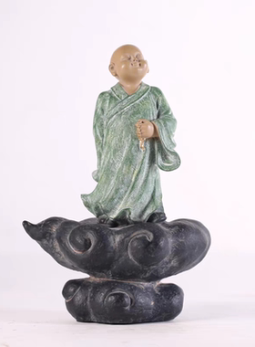 台湾铁丸石小沙弥禅意摆件平步青云一角禅林昭发小和尚可爱石雕