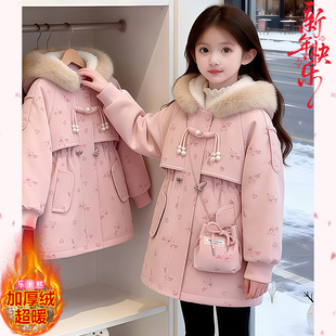 女童冬季加绒派克服2025新款女孩中长款甜美皮衣加厚棉衣冬款外套
