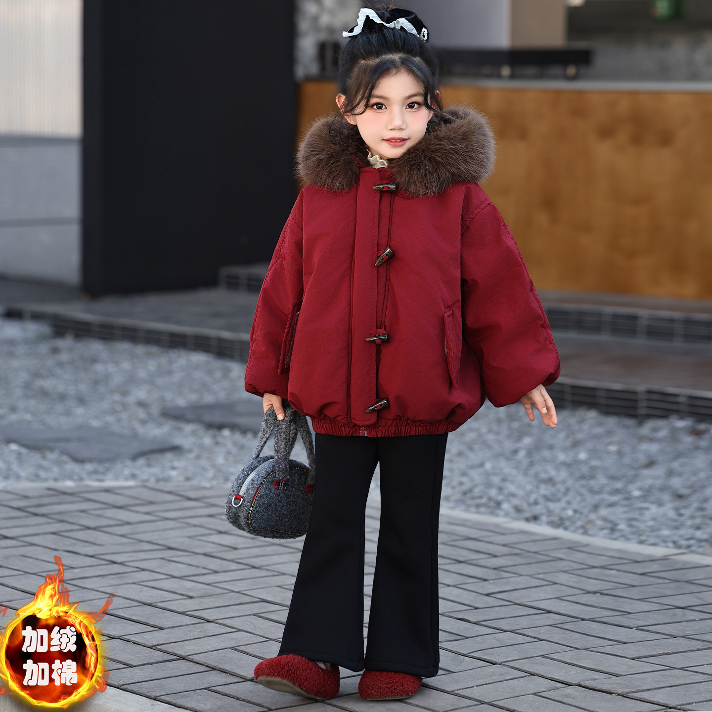 女童冬季加绒派克服2026新款中大童洋气加棉加厚外套冬款保暖棉衣