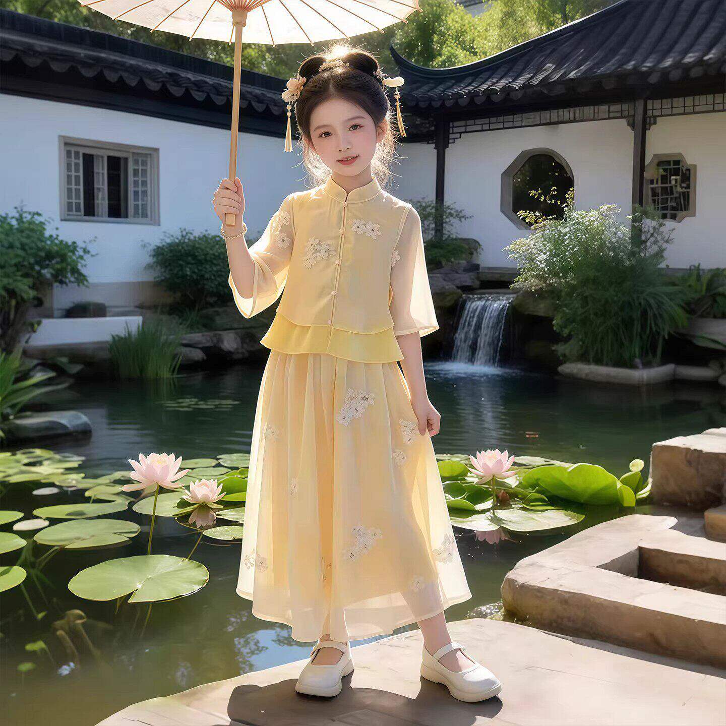 女童汉服国风中式阔腿裤夏季套装图片