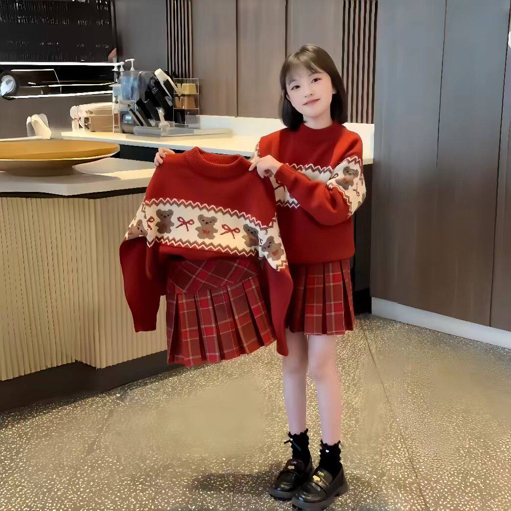 女童冬季拜年服红色毛衣新款2026新款女孩秋冬款加绒针织衫百褶裙