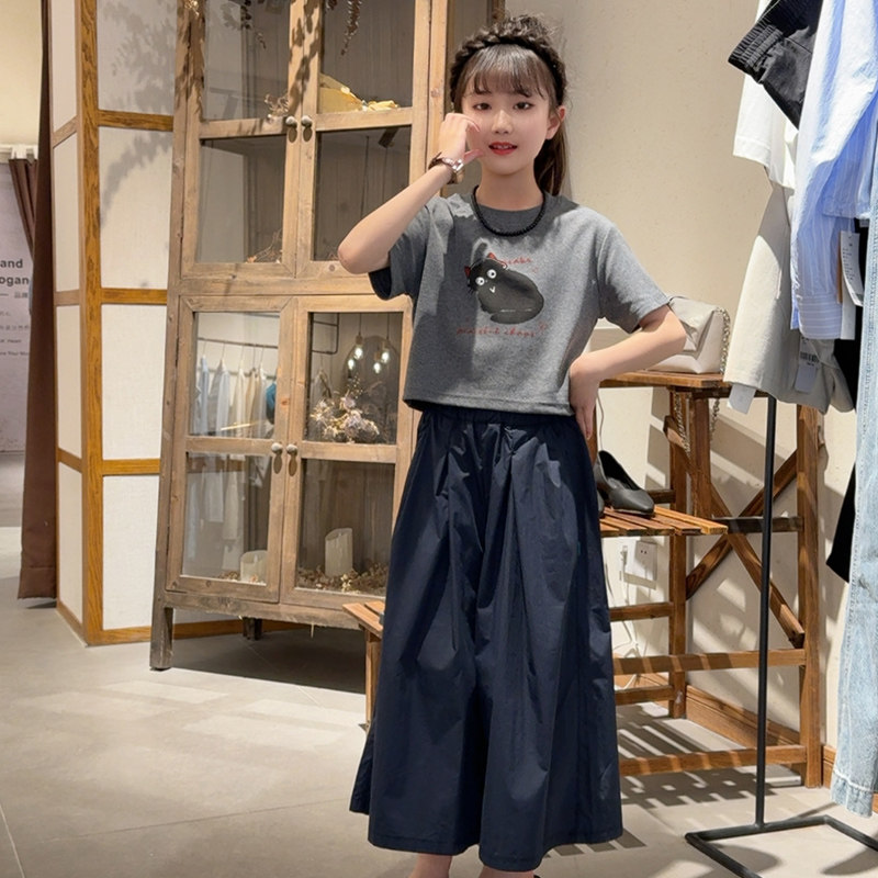 女童夏季套装2026新款儿童时尚洋气中大童猫咪短袖阔腿裤两件套潮