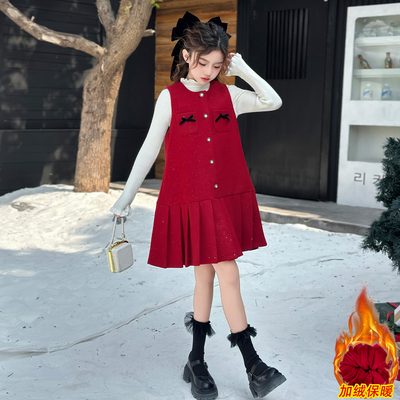 女童冬季加厚年服连衣裙2025新款女孩加绒毛呢马甲打底衫两件套潮