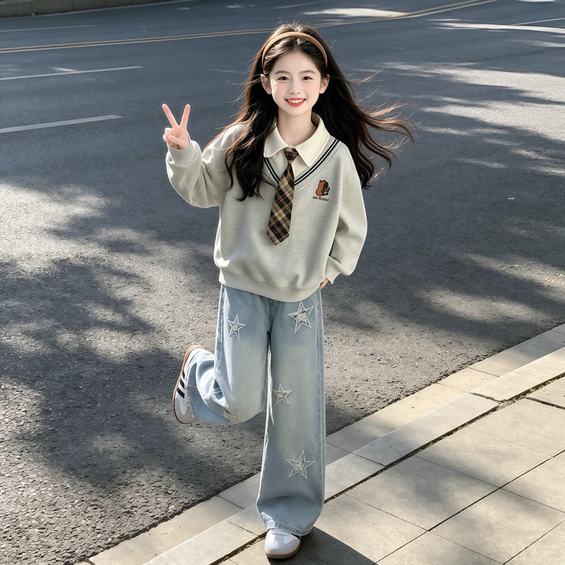 女童秋天2026新款POLO领套装儿童甜美中大童上衣牛仔裤两件套秋装
