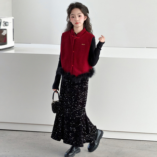 女童冬装中国风拜年服套装2026新款儿童新年加绒马甲三件套秋冬款
