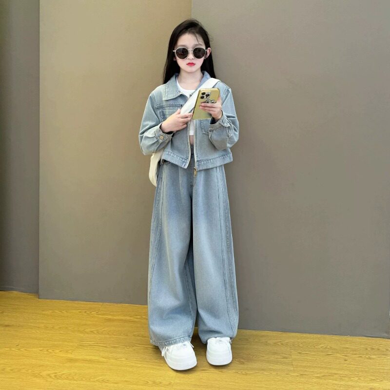 女童2026新款春秋季韩版时尚拉链牛仔外套春装洋气直筒牛仔裤套装