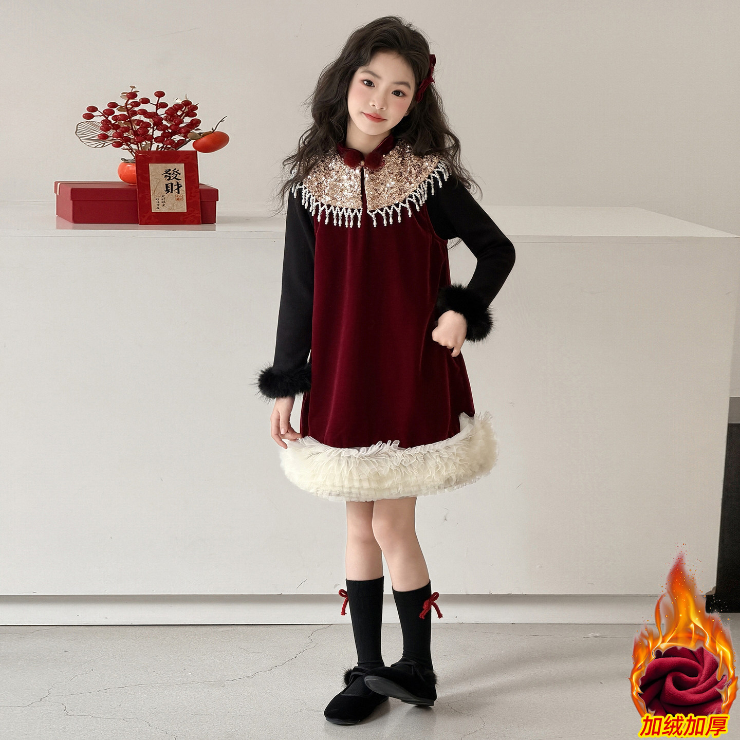 女童冬季加绒中国风连衣裙套装