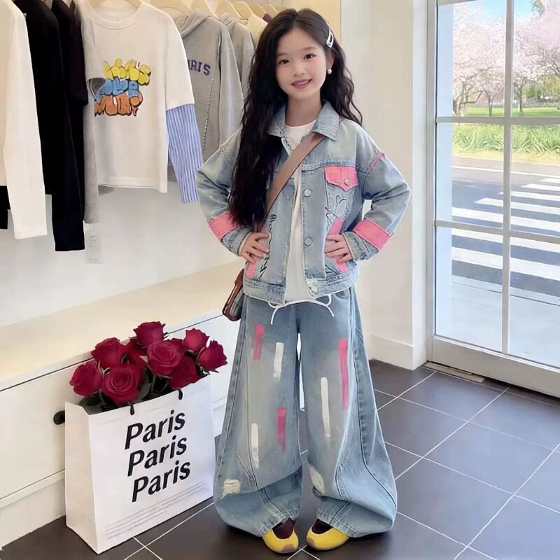 女童春季设计感牛仔套装2026新款女孩韩版外套阔腿裤两件套春秋款