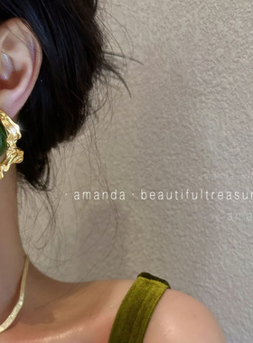 小众中古~夸张绿琉璃复古气质大耳环耳夹欧美法式奢华高级感耳饰