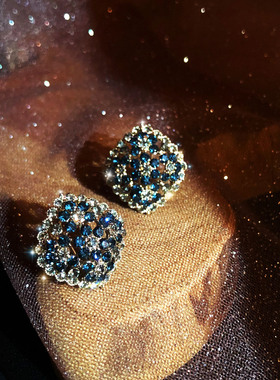 设计师款蓝色水钻满镶复古低调耳钉女小众高级感精致方形气质耳饰