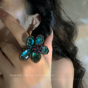 蓝绿色水晶花朵时髦夸张开口食指戒指女高级感个性潮流气质可调节